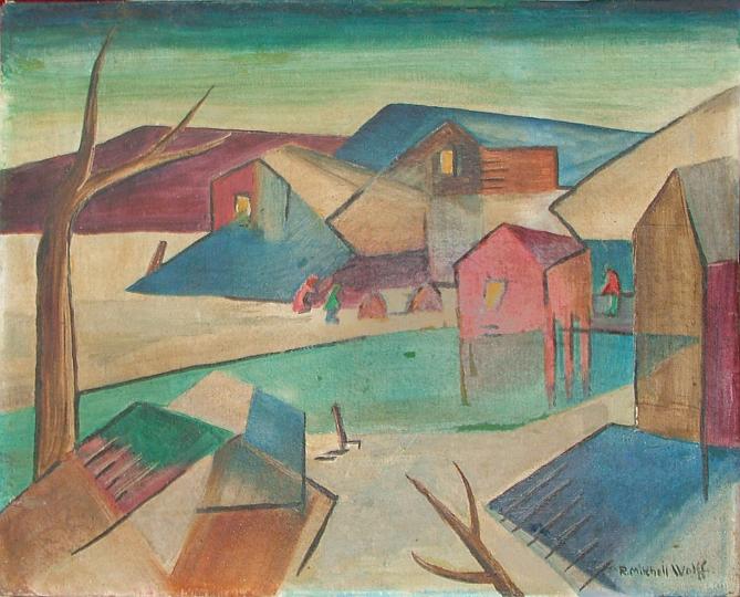 Cubist Watercolorc.jpg - Cubist village, watercolor, (an unusual experimental image), restored by and in the collection of J. Wolff